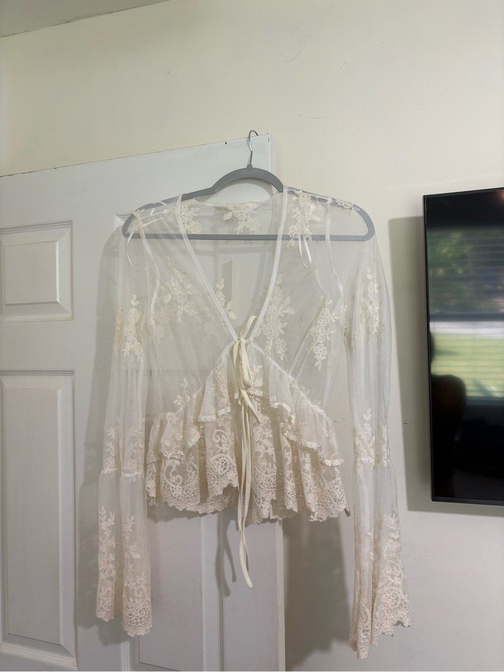 Sheer Lace Tie-Front Blouse in Cream